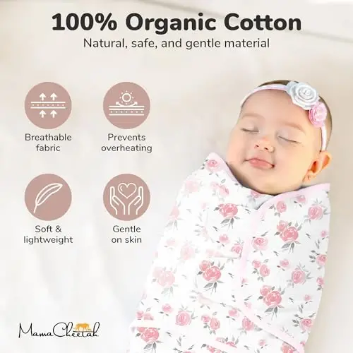 Ona Cheetah Baby Swaddle Sack, Organik Oʻrash adyoli, Yangi tugʻilgan chaqaloqni oʻrash uchun uyqu xaltasi, Sozlanishi mumkin boʻlgan chaqaloq oʻrami, Oson oʻrash qiz uchun 0-3 oy, Chaqaloq uchun zarur narsalar, 3 dona - 4