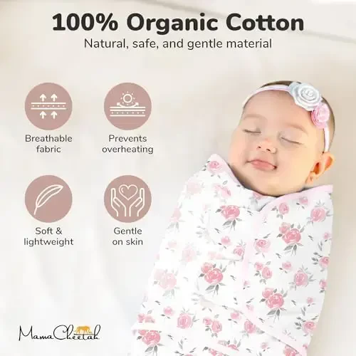 Ona Cheetah Baby Swaddle Sack, Organik Oʻrash adyoli, Yangi tugʻilgan chaqaloqni oʻrash uchun uyqu xaltasi, Sozlanishi mumkin boʻlgan chaqaloq oʻrami, Oson oʻrash qiz uchun 0-3 oy, Chaqaloq uchun zarur narsalar, 3 dona - 4