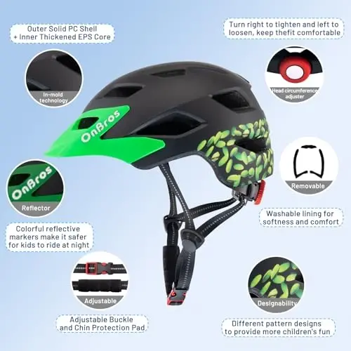OnBros Kids Bike Helmet - 5-14 yoshdagi o'g'il bolalar yoki qizlar uchun vizorli velosiped dubulg'alari, Skateboard tog'li scooter yo'lida velosipedda yurish uchun bolalar velosiped dubulg'asi, Yengil va sozlanishi 50-57CM - 4