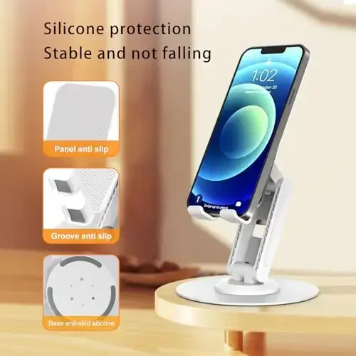 ONCHEER 360° Aylanadigan Stol Ustidagi Telefon Stendi, Ofis va Uy uchun Portativ va Yig'iladigan Telefon Uskunasi, Barcha Mobil Telefonlar, iPhone, iPad, Switch, Planshet-Oq uchun Burchak va Balandlik sozlanishi Planshet Uskunasi - 3