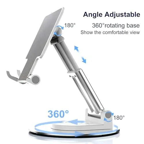 ONCHEER 360° Aylanadigan Telefon Ushlagichi Stol Uchun, Ofis va Uy Uchun To'liq Yig'iladigan Mobil Telefon Stendi, Barcha Smartfonlar, iPhone, Switch, Planshet 4.6-12.9'', Qora Uchun Burchak va Balandlikni Sozlash Mumkin bo'lgan Planshet Stendi - 4