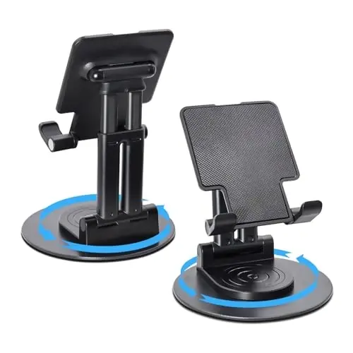 ONCHEER 360° Aylanadigan Telefon Ushlagichi Stol Uchun, Ofis va Uy Uchun To'liq Yig'iladigan Mobil Telefon Stendi, Barcha Smartfonlar, iPhone, Switch, Planshet 4.6-12.9'', Qora Uchun Burchak va Balandlikni Sozlash Mumkin bo'lgan Planshet Stendi - ONCHEER