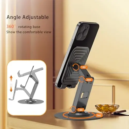 ONCHEER 360° Aylanadigan Telefon Ushlagichi Stol uchun, Portativ & Katlanadigan Uyali Telefon Stendi Ofis & Uy uchun, Burchak & Balandlik Sozlanishi Planshet Stendi Barcha Smartfonlar, iPhone, iPad, Switch, Planshet - Qora - 2