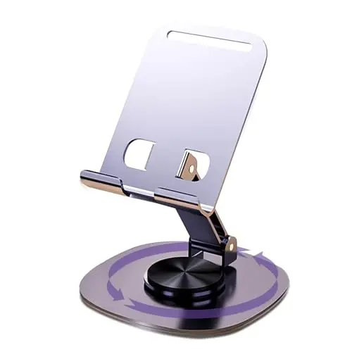 ONCHEER 360°Rotating Phone Holder for Desk, Portable & Foldable Cell Phone Stand for Office & Kitchen, Adjustable Tablet Stand for All Mobile Phones, iPhone, iPad, Nintendo Switch (Metal Purple) 