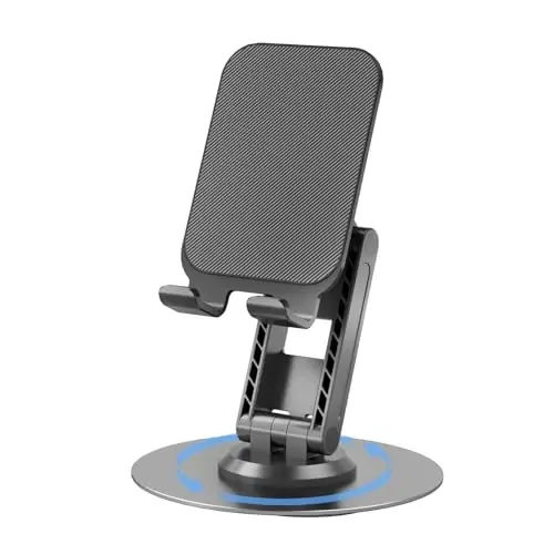 ONCHEER 360°Rotating Phone Holder for Desk, Portable & Foldable Cell Phone Stand for Office & Home, Angle & Height Adjustable Tablet Stand for All Smartphones, iPhone, iPad, Switch, Tablet - Black - 1