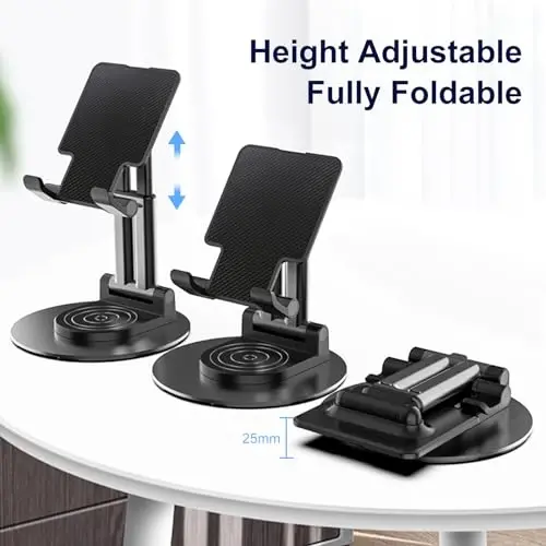 ONCHEER 360°Rotating Phone Holder for Desk, Fully Foldable Cell Phone Stand for Office & Home, Angle & Height Adjustable Tablet Stand for All Smartphones, iPhone, Switch,Tablet 4.6-12.9'', Black - 3