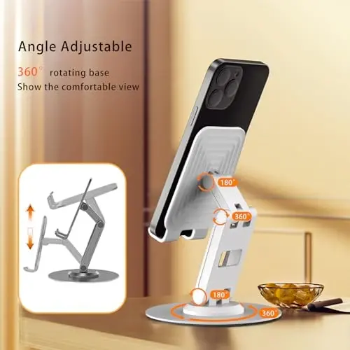 ONCHEER 360° Rotating Cell Phone Stand for Desk, Portable & Foldable Phone Holder for Office & Home, Angle & Height Adjustable Tablet Stand for All Mobile Phones, iPhone, iPad, Switch, Tablet-White - 2