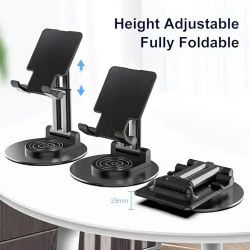 ONCHEER 360° Rotating Phone Holder for Desk, Fully Foldable Cell Phone Stand for Office & Home, Angle & Height Adjustable Tablet Stand for All Smartphones, iPhone, Switch,Tablet 4.6-12.9'', Black - 3