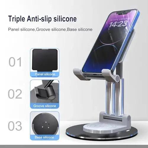 ONCHEER 360° Rotating Phone Holder for Desk, Fully Foldable Cell Phone Stand for Office & Home, Angle & Height Adjustable Tablet Stand for All Smartphones, iPhone, Switch,Tablet 4.6-12.9'', Black - 2