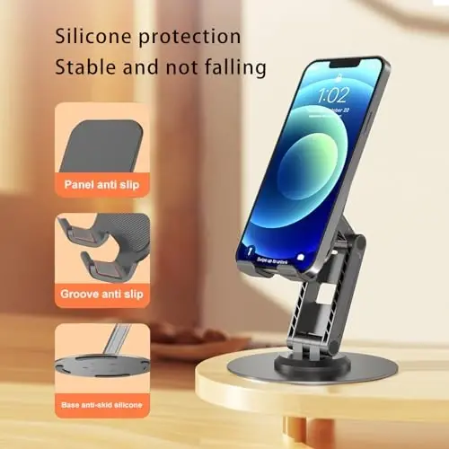ONCHEER 360° Rotating Phone Holder for Desk, Portable & Foldable Cell Phone Stand for Office & Home, Angle & Height Adjustable Tablet Stand for All Smartphones, iPhone, iPad, Switch, Tablet - Black - 3