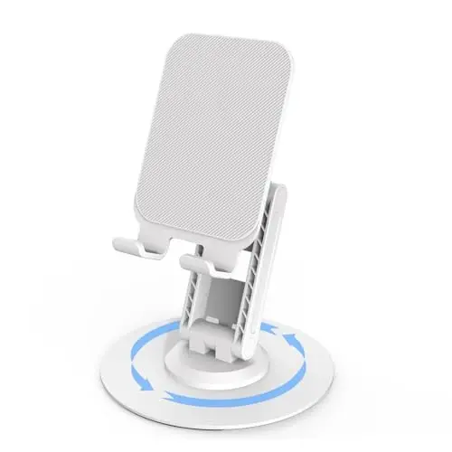 ONCHEER 360°Rotating Cell Phone Stand for Desk, Portable & Foldable Phone Holder for Office & Home, Angle & Height Adjustable Tablet Stand for All Mobile Phones, iPhone, iPad, Switch, Tablet-White - 1