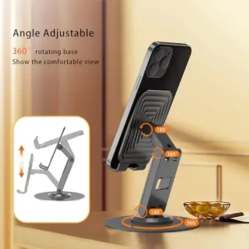 ONCHEER 360°Rotating Phone Holder for Desk, Portable & Foldable Cell Phone Stand for Office & Home, Angle & Height Adjustable Tablet Stand for All Smartphones, iPhone, iPad, Switch, Tablet - Black - ONCHEER (1)