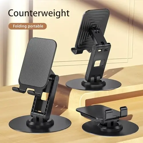 ONCHEER 360°Rotating Phone Holder for Desk, Portable & Foldable Cell Phone Stand for Office & Home, Angle & Height Adjustable Tablet Stand for All Smartphones, iPhone, iPad, Switch, Tablet - Black - 5