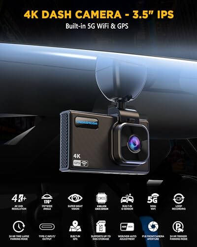 ONDASHCAM Dash Cam, 4K видеорегистратор для автомобилей с ночным видением, видеорегистратор со встроенным Wi-Fi/GPS, 3,5” IPS автомобильный видеорегистратор с широким углом обзора 170°, WDR, G-сенсором, режимом парковки, поддержка до 512 ГБ - 2