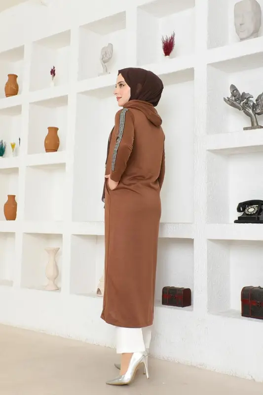 Önden Fermarlı Kapşonlu Spor Ferace BTS0008 Kahve - Kahve - 4