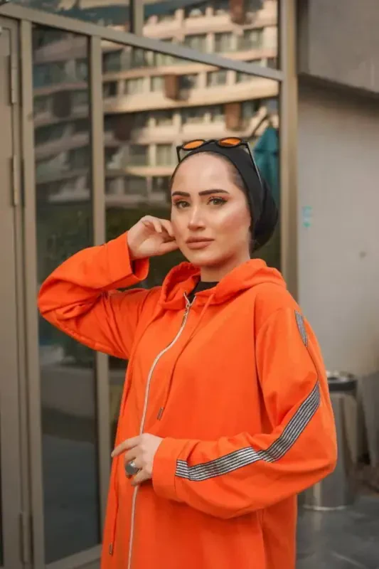 Önden Fermarlı Kapşonlu Spor Ferace Bts0008 Turuncu-Turuncu - 7