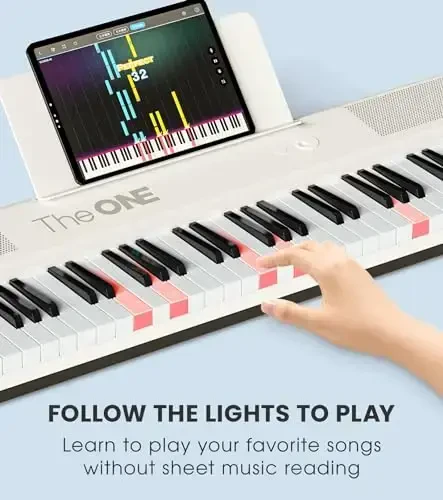 The ONE Smart Keyboard COLOR 61 Lighted Keys Piano Keyboard, Electric Piano for Beginners with 256 Tones, 64 Polyphony, Built-in LED Lights & Apps, Supports USB MIDI/Headphones (White) - 2