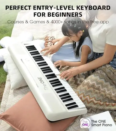 The ONE Smart Keyboard COLOR 61 Lighted Keys Piano Keyboard, Electric Piano for Beginners with 256 Tones, 64 Polyphony, Built-in LED Lights & Apps, Supports USB MIDI/Headphones (White) - 1