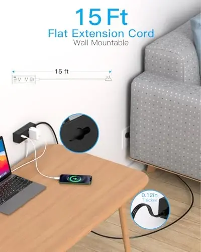 One Beat 15Ft Extension Cord with Multiple Outlets,Flat Plug Power Strip | Surge Protector with 15 Ft Long Cord,6 Outlet 4 USB Ports (2USB C),Multi Outlet Wall Plug for Travel,College,Dorm Essentials - One Beat (1)