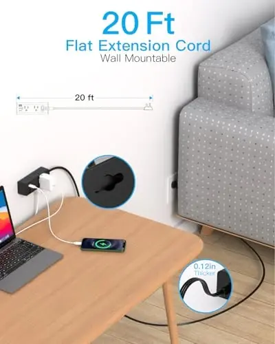 One Beat 20Ft Extension Cord with Multiple Outlets,Flat Plug Power Strip | Surge Protector with 20 Ft Long Cord,6 Outlet 4 USB Ports (2USB C),Multi Outlet Wall Plug for Travel,College,Dorm Essentials - One Beat (1)