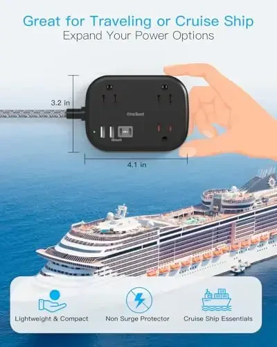 One Beat Cruise Ship Essentials, Travel Power Strip with USB C, Flat Plug Extension Cord 10 FT with 3 Outlets 4 USB Ports (2 USB C), Desk Wall Outlet Extender, Non Surge Protector for Cruise, Dorm Room, ETL - 3