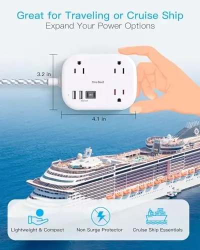 One Beat Cruise Ship Essentials, USB C bilan sayohat quvvat chizig'i, 3 rozetkali tekis vilka uzaytirgichi, 4 USB porti (2 USB C), 1 futlik stol devori rozetka uzaytirgichi, kruiz, yotoqxona, ETL uchun kuchlanishdan himoya qilmaydi. - 3