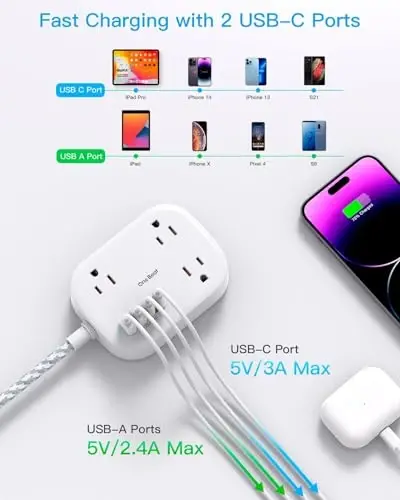 One Beat Cruise Ship Essentials,Travel Power Strip with USB C,Flat Plug Extension Cord 10 FT with 3 Outlets 4 USB Ports(2 USB C),Desk Wall Outlet Extender,Non Surge Protector for Cruise,Dorm Room,ETL - 5