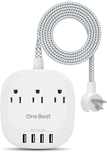 One Beat Desktop Power Strip with 3 Outlet 4 USB Ports 4.5A, Flat Plug and 5 ft Long Braided Extension Cords for Cruise Ship Travel Home Office, ETL Listed - ONE BEAT