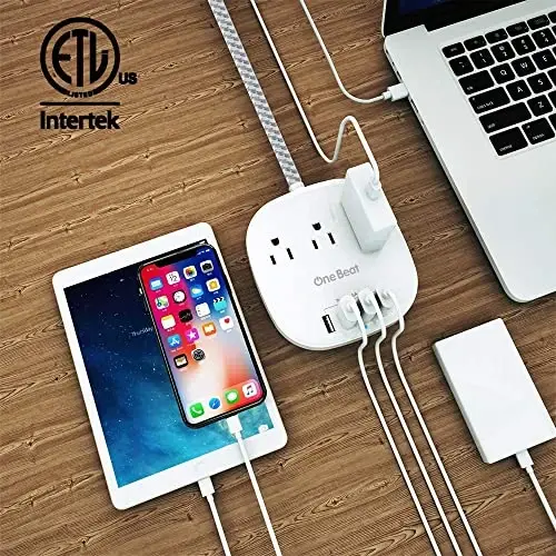 One Beat Desktop Power Strip with 3 Outlet 4 USB Ports 4.5A, Flat Plug and 5 ft Long Braided Extension Cords for Cruise Ship Travel Home Office, ETL Listed - 4