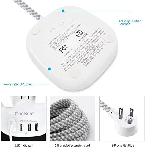 One Beat Desktop Power Strip with 3 Outlet 4 USB Ports 4.5A, Flat Plug and 5 ft Long Braided Extension Cords for Cruise Ship Travel Home Office, ETL Listed - 5