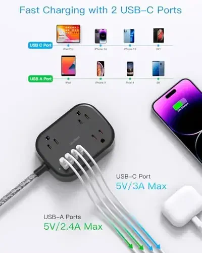 One Beat kruiz kemasining zarur narsalari, USB C bilan sayohat elektr ta'minoti, 3 rozetkali tekis vilka uzaytirgichi 4 USB porti (2 USB C), 5 futlik stol devori rozetkasi uzaytirgichi, kruiz, yotoqxona uchun kuchlanishdan himoya qilmaydi, qora - 5