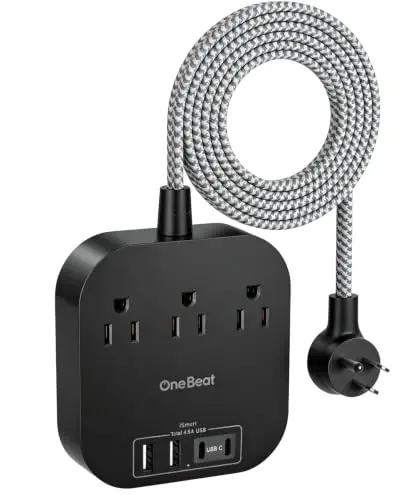 One Beat Power Strip with USB C, 10ft Braided Extension Cord, 22.5W | 3 Outlets 4 USB Ports, Desktop Charging Station, Flat Plug, Non Surge Protector, Home Office Travel Cruise, ETL Listed, Black - 1