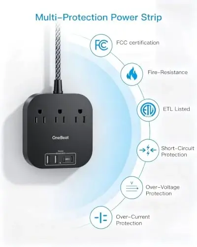 One Beat Power Strip with USB C, 10ft Braided Extension Cord, 22.5W | 3 Outlets 4 USB Ports, Desktop Charging Station, Flat Plug, Non Surge Protector, Home Office Travel Cruise, ETL Listed, Black - 5