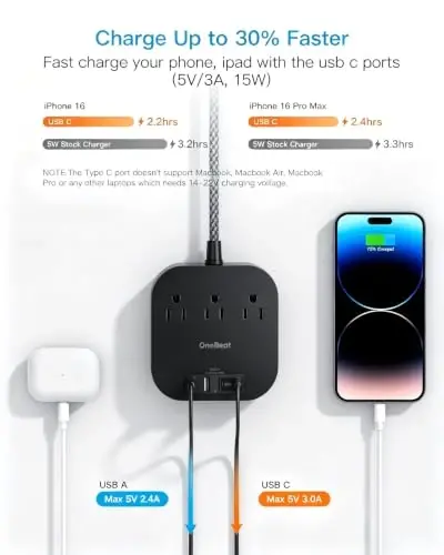 One Beat Power Strip with USB C, 10ft Braided Extension Cord, 22.5W | 3 Outlets 4 USB Ports, Desktop Charging Station, Flat Plug, Non Surge Protector, Home Office Travel Cruise, ETL Listed, Black - 6