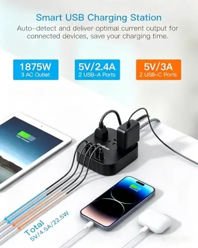One Beat Power Strip with USB C, 10ft Braided Extension Cord, 22.5W | 3 Outlets 4 USB Ports, Desktop Charging Station, Flat Plug, Non Surge Protector, Home Office Travel Cruise, ETL Listed, Black - ONE BEAT (1)