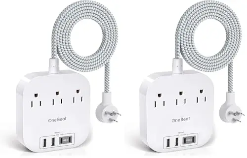 One Beat Power Strip with USB C, 3 Outlets 4 USB Ports (22.5W/4.5A) Desktop Charging Station, Flat Plug, 5ft Braided Extension Cord, Non Surge Protector for Travel, Cruise Ship, ETL Listed (Pack of 2) 