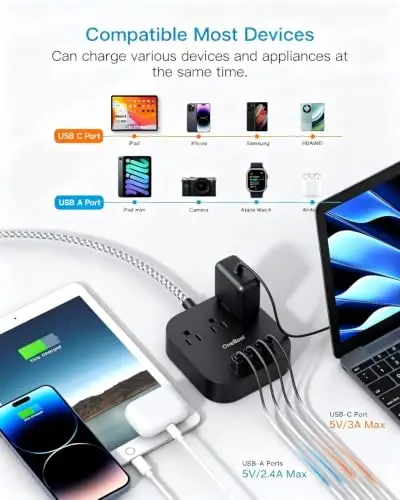 One Beat Power Strip with USB C, 3 Outlets 4 USB Ports (22.5W/4.5A),6ft | Desktop Charging Station, Flat Plug, Braided Extension Cord, Non Surge Protector for Travel, Cruise Ship, ETL Listed-Black - ONE BEAT (1)