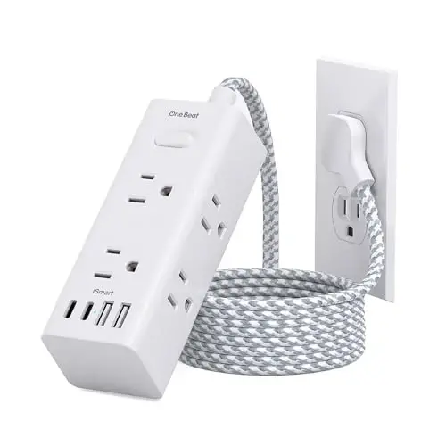 One Beat Surge Protector Power Strip, 5Ft Flat Plug Extension Cord, White | 6 Outlets 4 USB Ports (2 USB C), Wall Mount Small Power Strip for Travel Home Office College Dorm Essentials Charging Station - One Beat