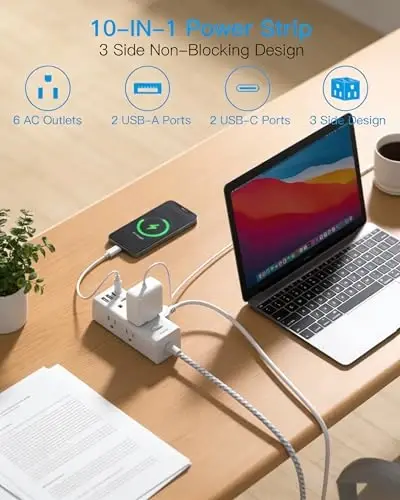 One Beat Surge Protector Power Strip, 5Ft Flat Plug Extension Cord, White | 6 Outlets 4 USB Ports (2 USB C), Wall Mount Small Power Strip for Travel Home Office College Dorm Essentials Charging Station - One Beat (1)