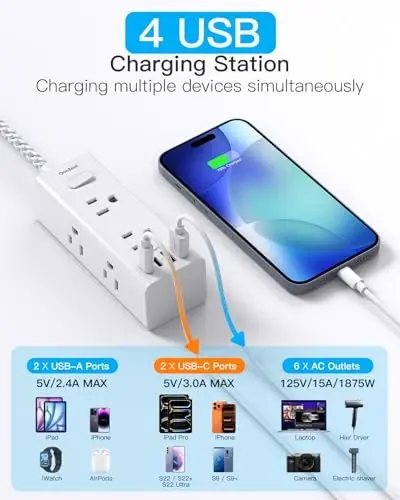 One Beat Surge Protector Power Strip, 5Ft Flat Plug Extension Cord, White | 6 Outlets 4 USB Ports (2 USB C), Wall Mount Small Power Strip for Travel Home Office College Dorm Essentials Charging Station - 3