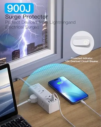 One Beat Surge Protector Power Strip, 5Ft Flat Plug Extension Cord, White | 6 Outlets 4 USB Ports (2 USB C), Wall Mount Small Power Strip for Travel Home Office College Dorm Essentials Charging Station - 5