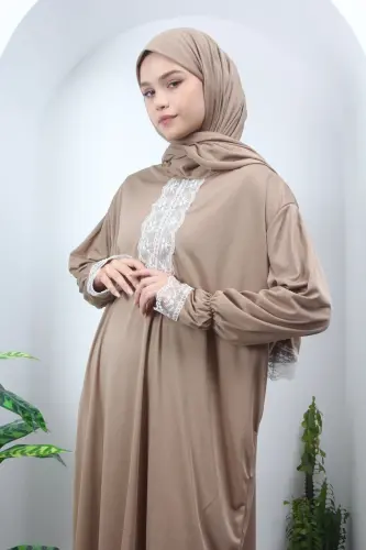 One Piece Hijab Lace Women's Seasonal Prayer Dress, Prayer Outfit, Flowy Abaya-Brown - 4
