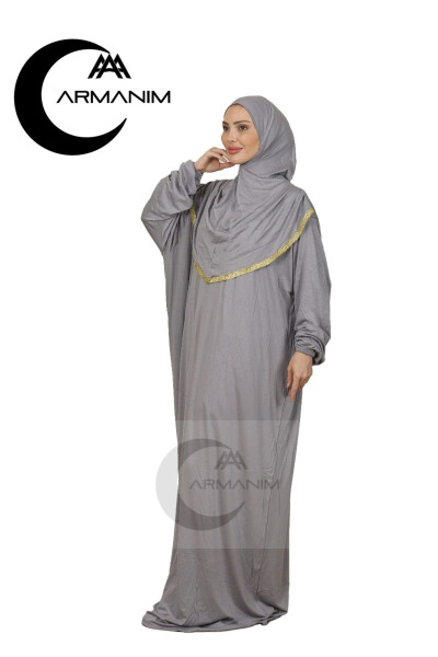 One Piece Lux Namaz Dress Easy to Wear Daily Tesettür Silver Gray - 4