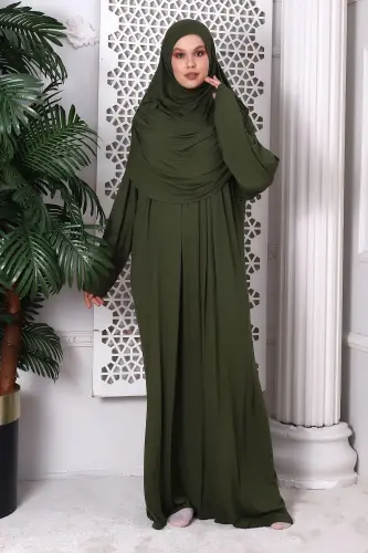 One Piece Practical Headscarf Detailed Robe Prayer Dress 8015 Khaki-Khaki - 1