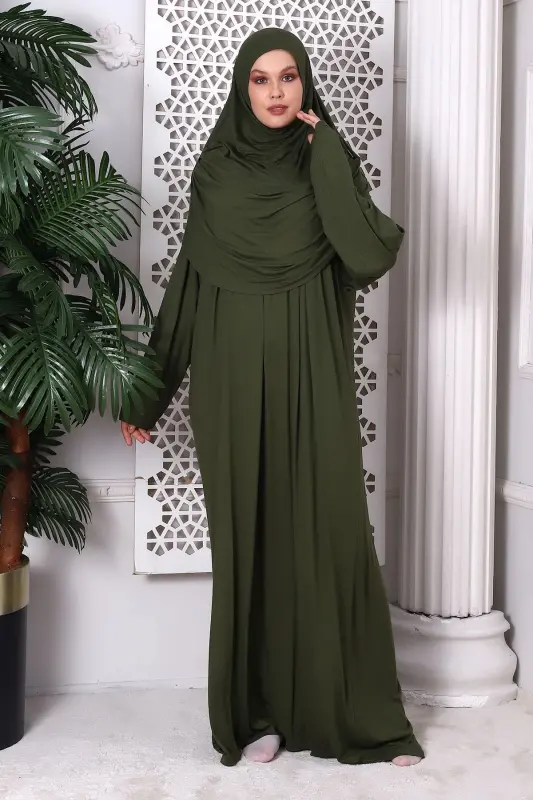 One Piece Practical Headscarf Detailed Robe Prayer Dress 8015 Khaki-Khaki - 1