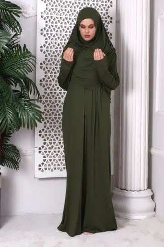 One Piece Practical Headscarf Detailed Robe Prayer Dress 8015 Khaki-Khaki - 4