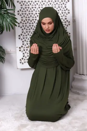 One Piece Practical Headscarf Detailed Robe Prayer Dress 8015 Khaki-Khaki - 5