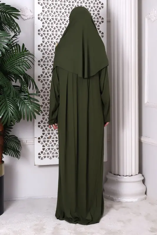 One Piece Practical Headscarf Detailed Robe Prayer Dress 8015 Khaki-Khaki - 6