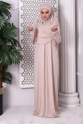 One Piece Practical Headscarf Robe Prayer Dress 8015 Beige-Beige - IHVAN ONLINE (1)