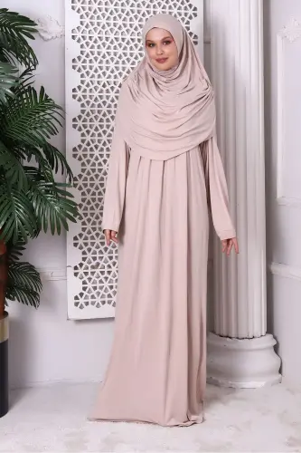 One Piece Practical Headscarf Robe Prayer Dress 8015 Beige-Beige - 3